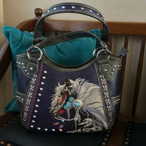 Plains Horse Shoulder Bag Embroidered and Embellished Faux Leather